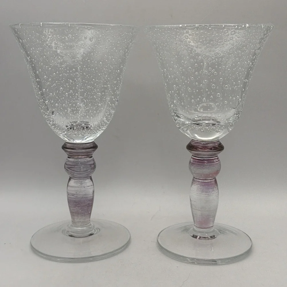 2 Wine Goblets Pottery Barn Hand Blown Bubble Glass Pink Iridescent 7.25